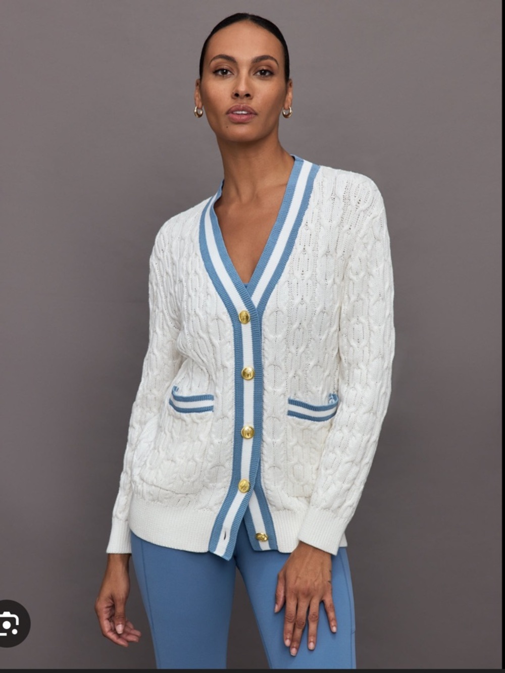 Carbon38 Cream Cable Knit Cardigan with Light Blue Trim New Size Small.